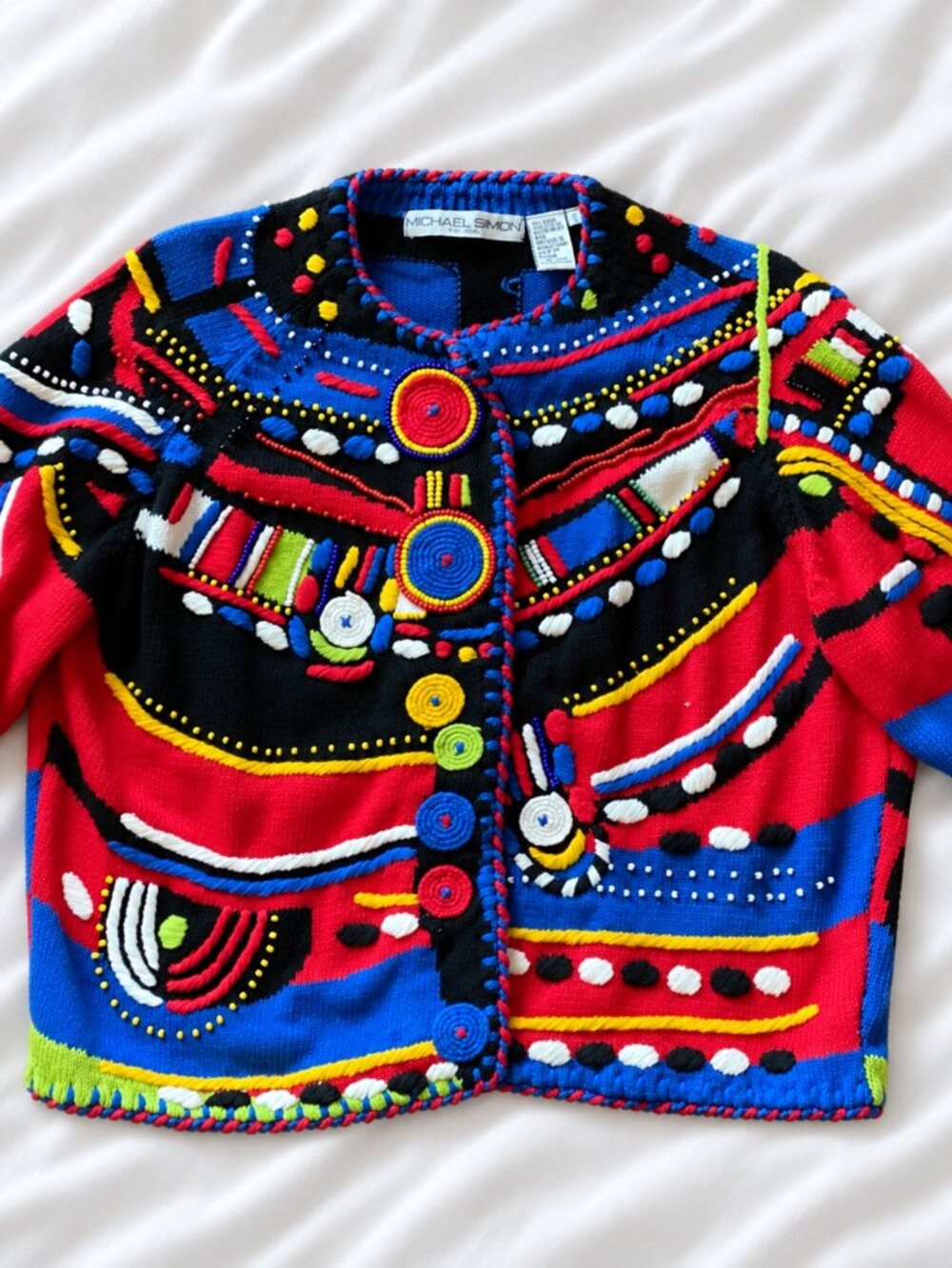 Vintage MICHAEL SIMON Colorful Geometric Embellished Cardigan